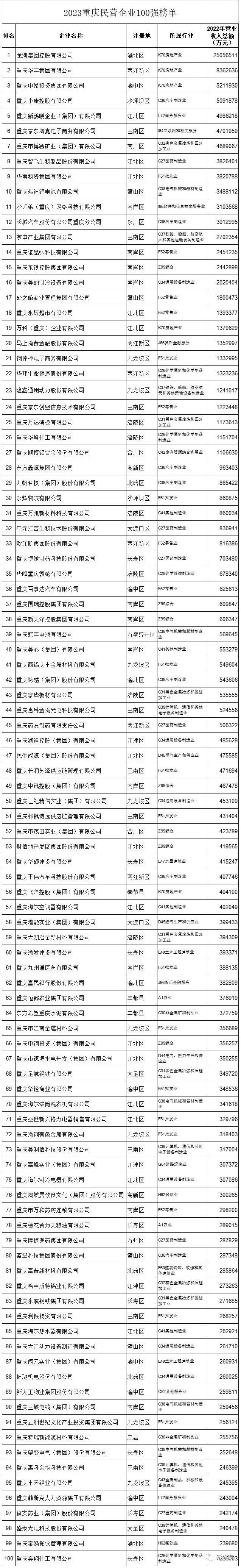 2023重庆民营企业100强