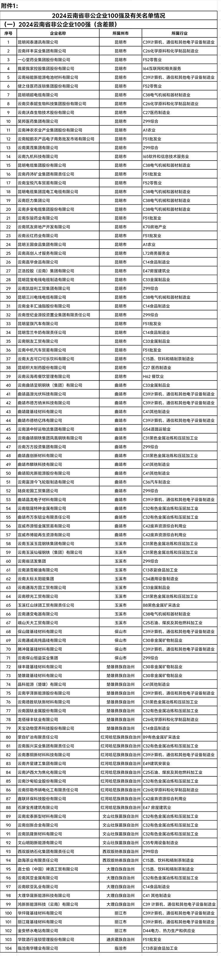 《2024云南省非公企业100强》完整榜单